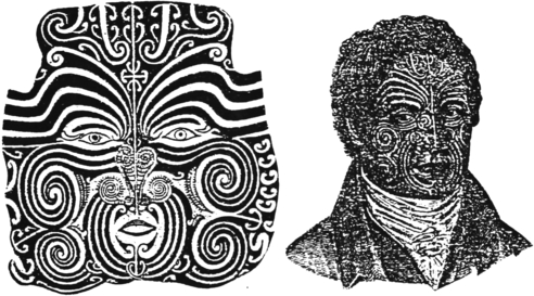 Te Pehi Kupe: self portrait (left) and portrait by Mr J. Sylvester of Liverpool (right). Te Pehi Kupe visited England in 1826. — Reproduced from “Moko; or Maori Tattooing” figs 10 and 114