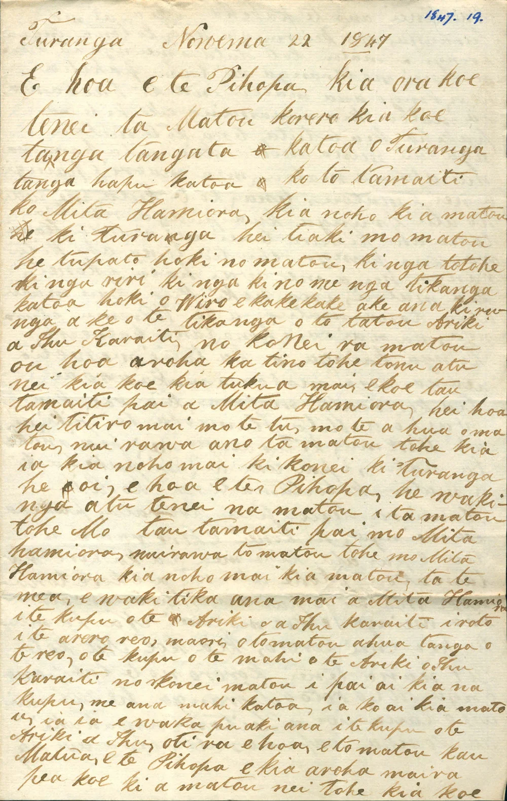 Letter from Paora Pomare tribes at Gisborne