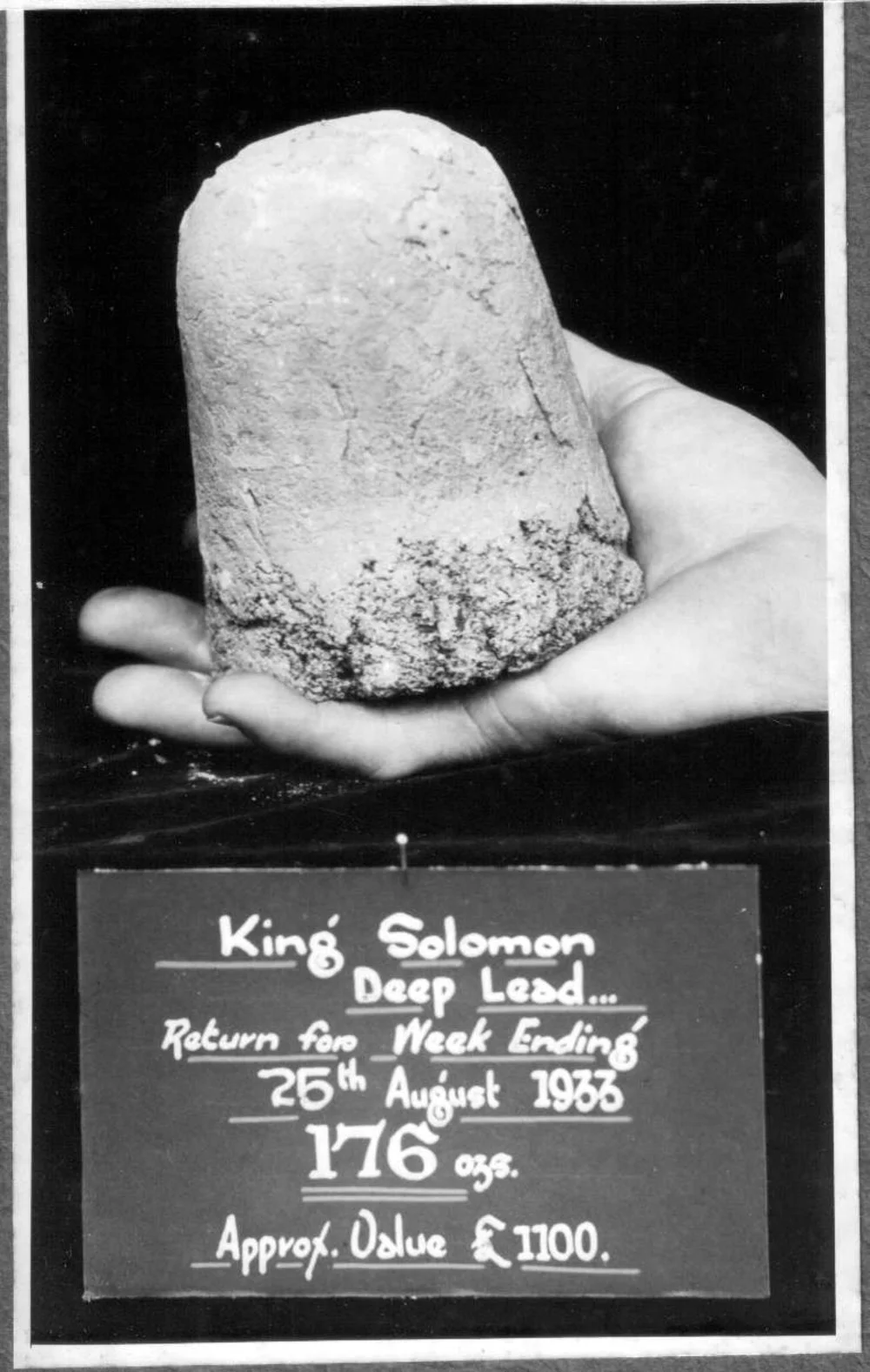 King Solomon Deep Lead Mine. Return from week ending 25 August 1933 approx. value 1100 pounds