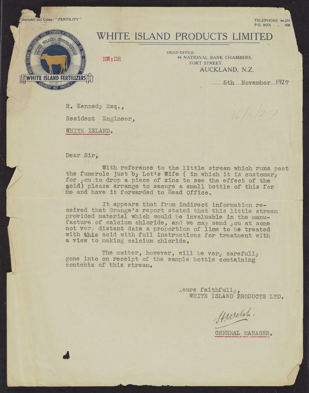 Letter from H. Welsh, manager of White Island Products Ltd., to R. Kennedy, resident engineer at Whakaari (White Island), 5 Nov 1927