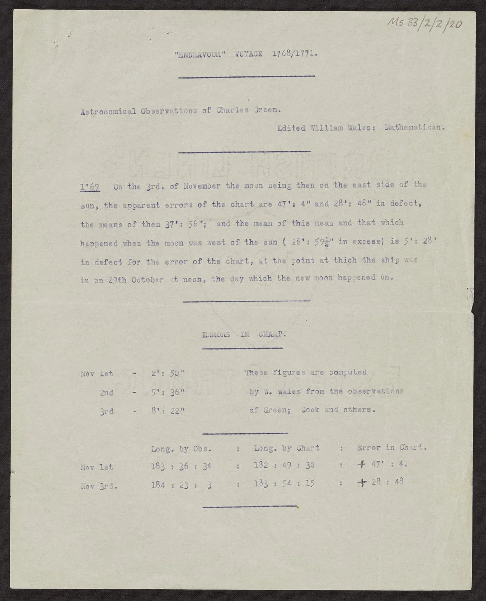 Undated transcripts from the log book of the "Endeavour", c. 19 Oct 1933-c. 4 Apr 1952