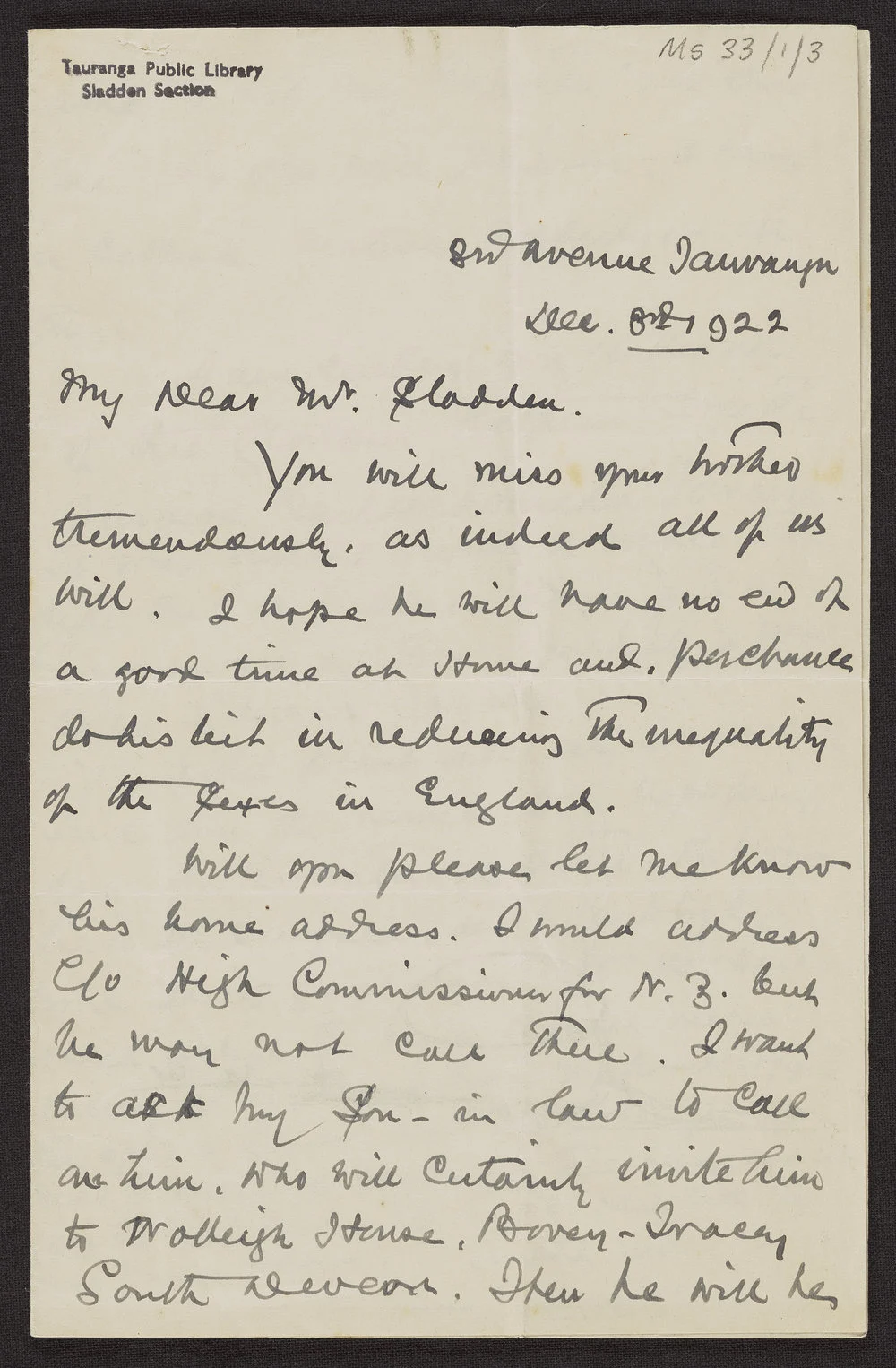 Letter from Gilbert Mair to Bernard Sladden, 3 Dec 1922