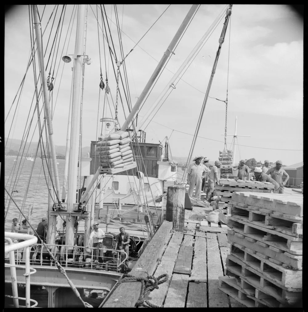 Nathaniel Wilson. Ship at Tauranga Wharf, cement loading