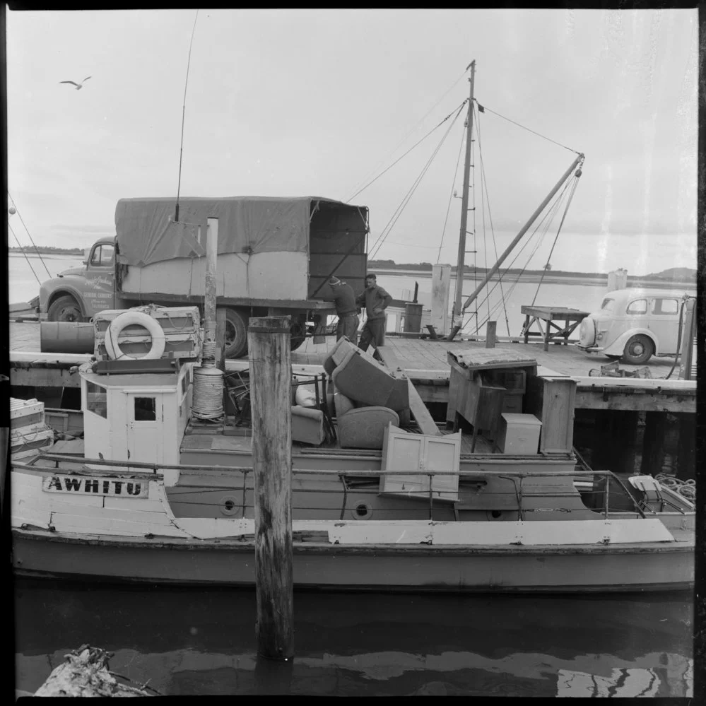 Āwhitu ferry with unusual cargo for Matakana Island.