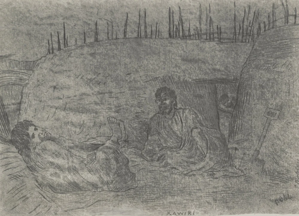 Photographic print of sketch of Rawiri Puhirake in the trenches at Pukehinahina