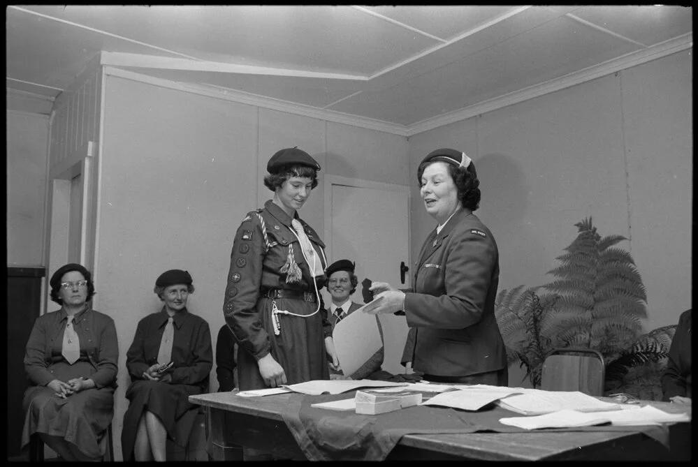 Girl Guides Te Puke. Alice Gemming (Te Puke) receving Queen's Guides award