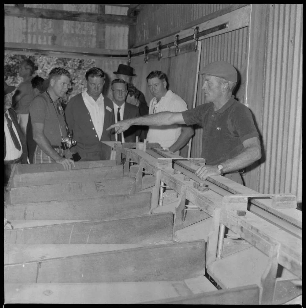 Mr DC Henriksen displaying fruit grading machine. (right)