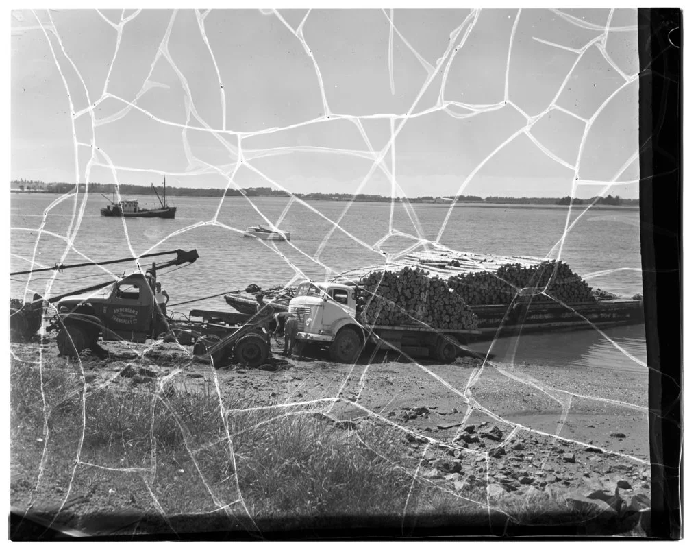 Bogged log truck in Tauranga 1961