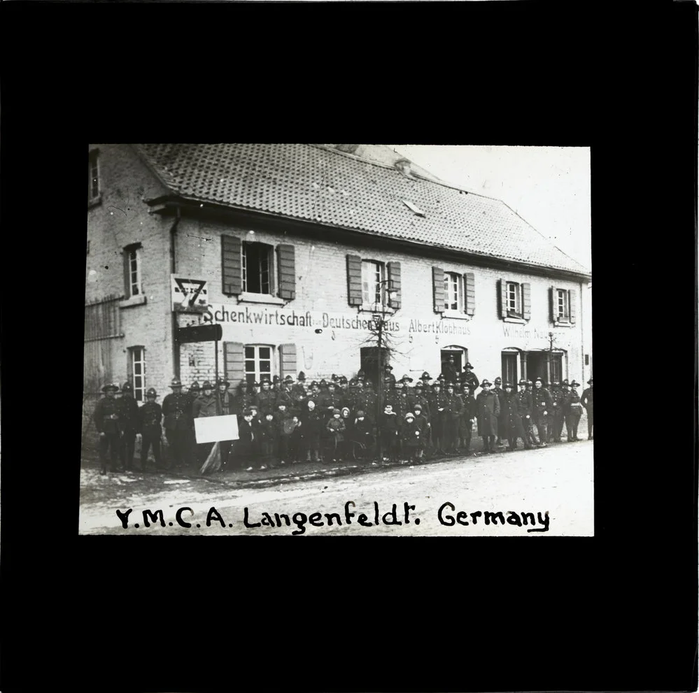 Soldiers outside YMCA canteen, Langenfeldt, Germany