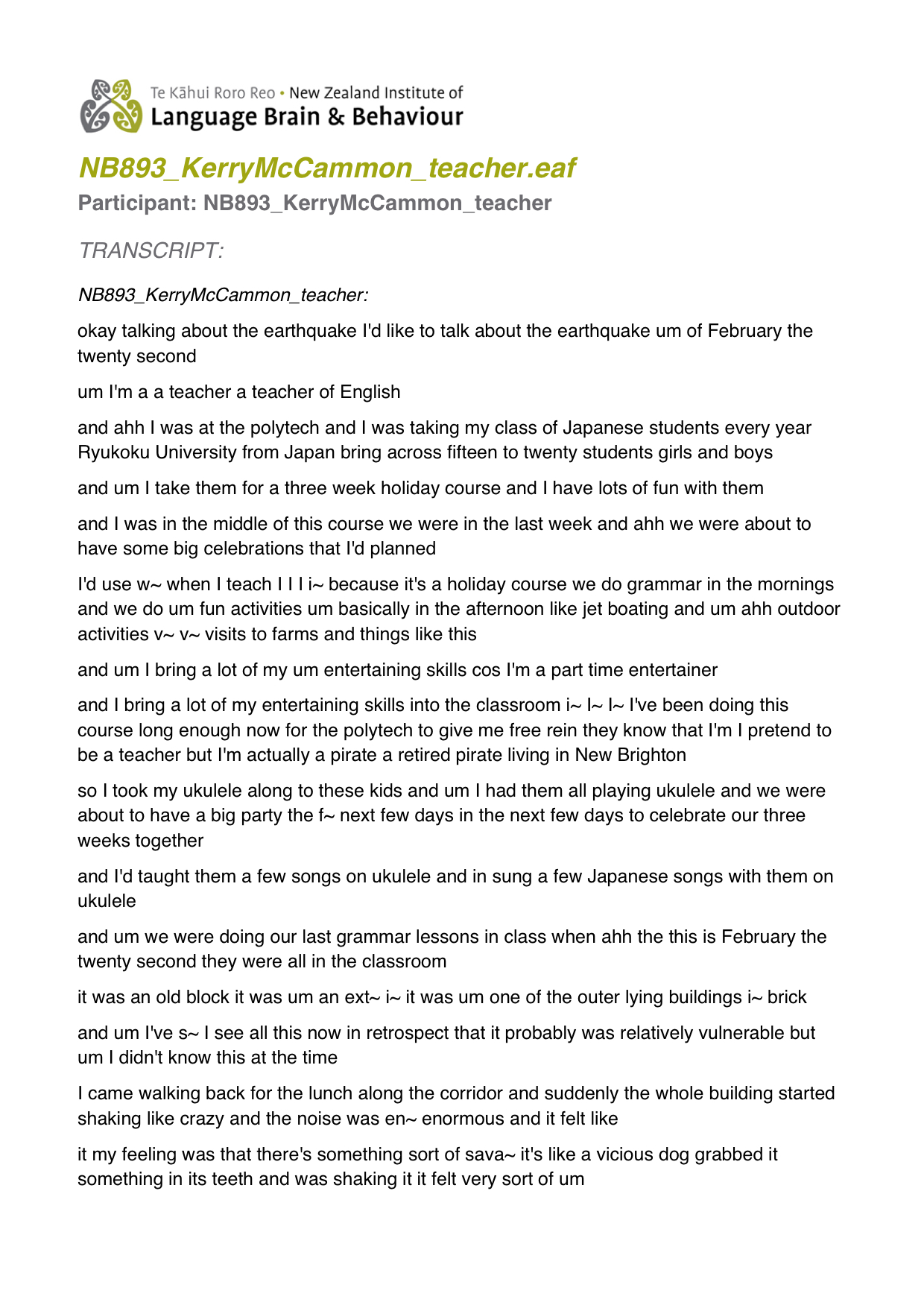 Transcript of Captain Long John Knickers's (alias Kerry McCammon) earthquake story