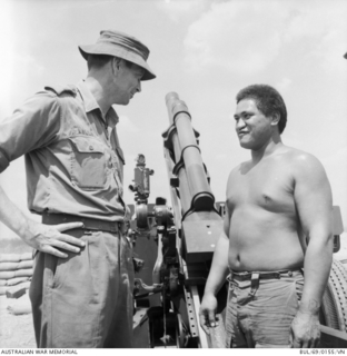 South Vietnam. 1969-03. 235029 Lieutenant Colonel J. D. Kelly, OC, 12th Field Regiment with a New Zealand Maori gun member of ?161 Battery