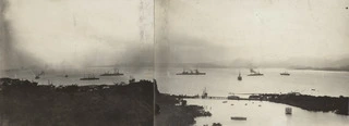 Suva, Fiji. 26 August 1914. The arrival of Australian Fleet ships with two troopships carrying New Zealand Army troops headed for Samoa. The ships, from the left, are, HMS ships Psyche, Philomel, ..