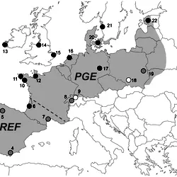 Natterjack toad distribution and sampling sites for microsatellite and MHC analyses.