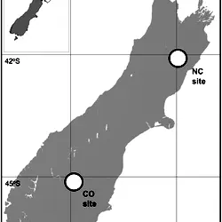 Outline map of the South Island of New Zealand, indicating the location in the South Island of the Central Otago (CO) and North Canterbury (NC) study sites.