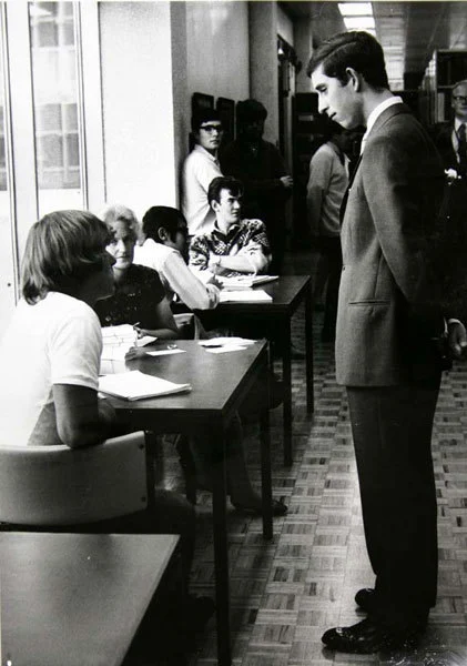 Prince Charles in the University Library, royal visit, March 1970.