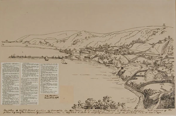 Key plan to Mr G.B. Shaw’s picture of Dunedin in 1851. Drawn by Mrs Hocken in 1892.
