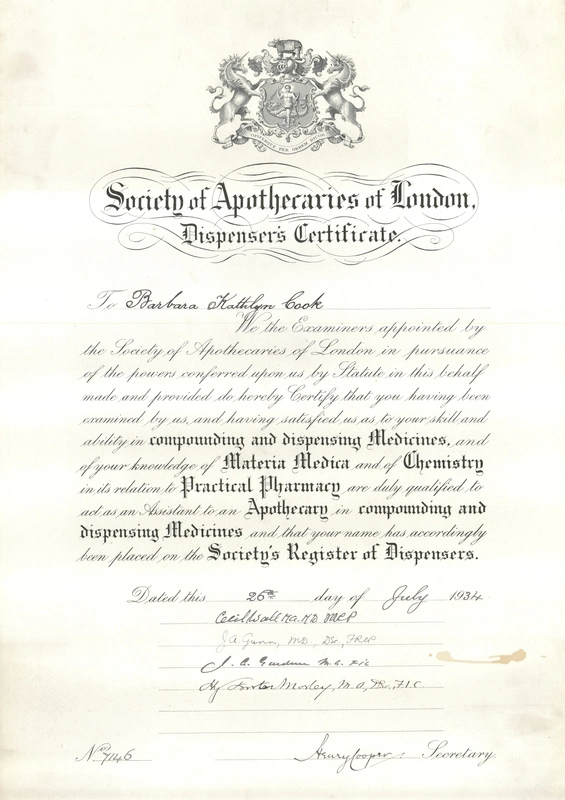 Dispensers Certificate awarded to Barbara Kathlyn Cook