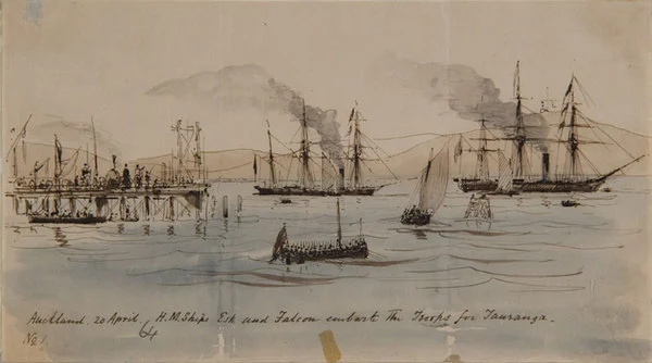 Auckland. 20 April, H.M. Ships Esk and Falcon embark the troops for Tauranga.
