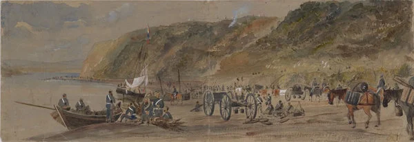 Troops crossing Patea River, New Zealand.