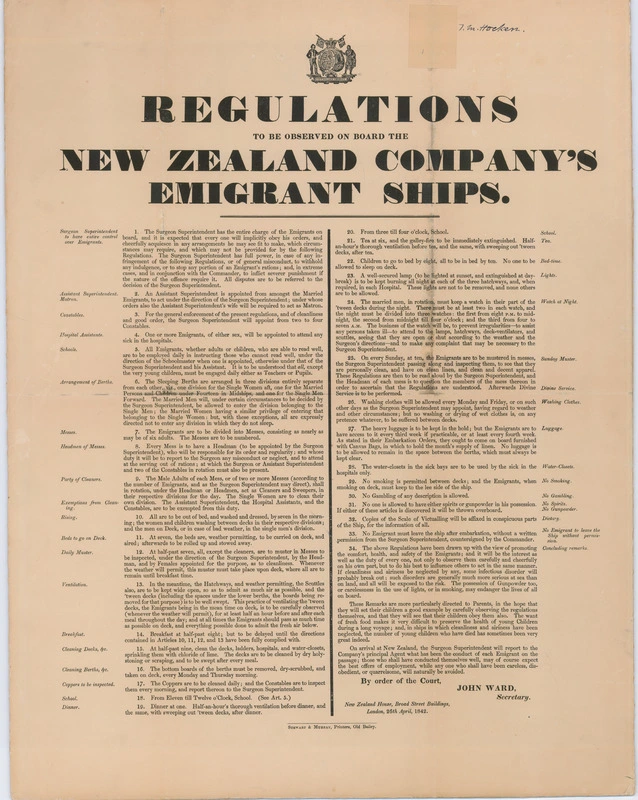 Regulations to be observed on board the New Zealand Company's emigrant ships poster