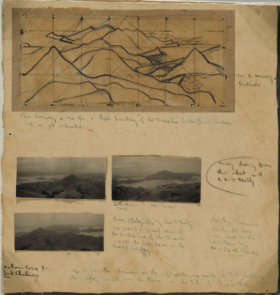 Working drawings for three paintings of the Otago Peninsula. For R. Kennedy landscape.
