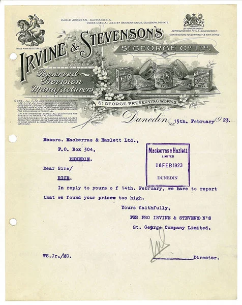 Irvine & Stevenson's St George Co. Ltd. letterhead