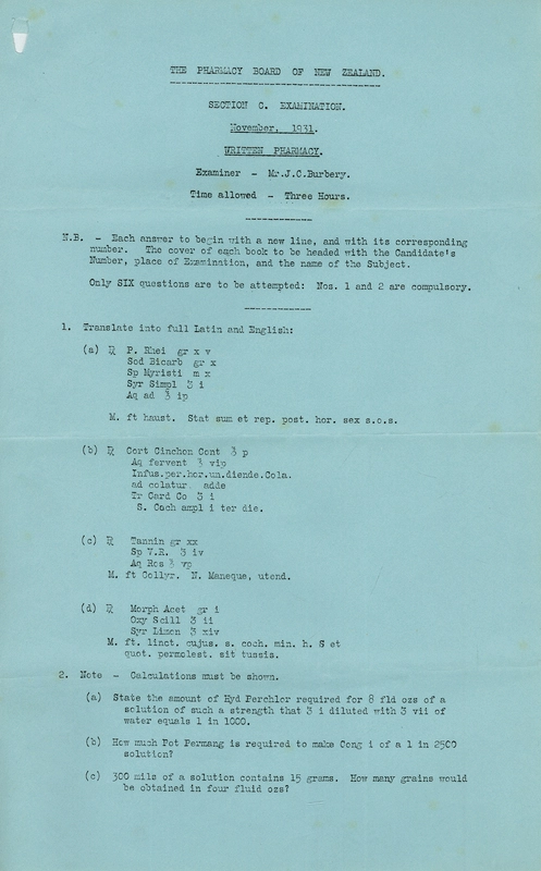 Section C Examination, November 1931, Written Pharmacy