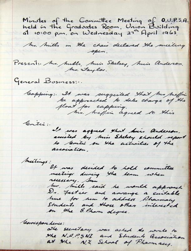 Minutes of the Committee Meeting of the Otago University Pharmacy Students Association