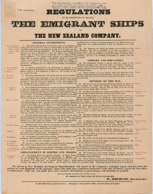 Regulations to be observed on board the emigrant ships of the New Zealand Company poster