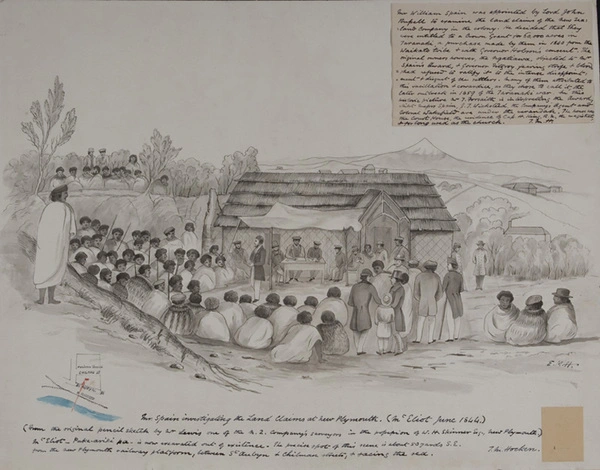Mr Spain investigating the land claims at New Plymouth, Mt Eliot, June 1844 from the original pencil sketch by Mr Lewis, one of the NZ Company’s surveyors.