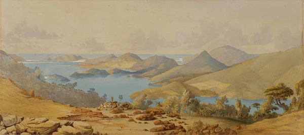 View of Otago Heads and Port Chalmers from Signal Hill near Dunedin. From a sketch from nature by George O’Brien, Civil Engineer. ca 1866.