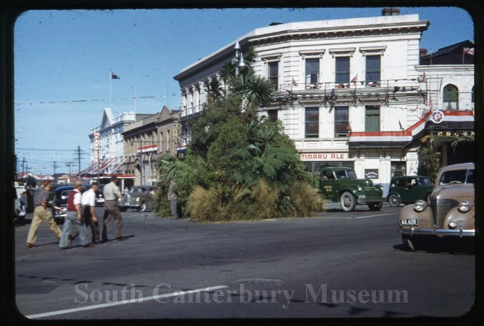 [Strathallan Street corner, decorated for the Queens visit in 1954]