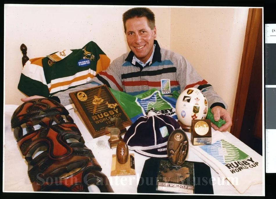 Colin Hawke with 1995 rugby world cup memorabilia