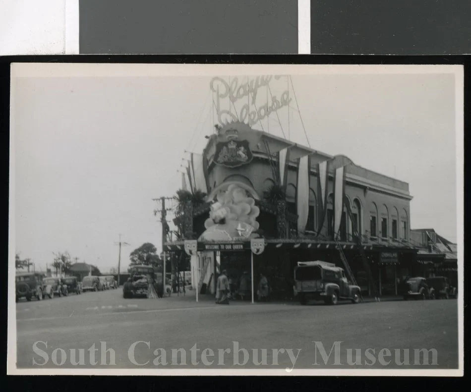 Mascot finance building, decorated for Queen Elizabeth's visit, 1954