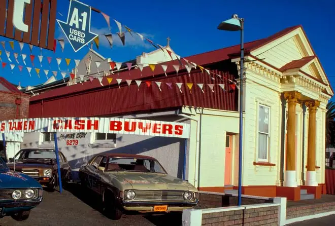 Second-hand car dealership, Auckland, 1970s