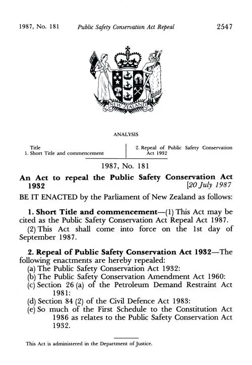 Public Safety Conservation Act Repeal Act 1987