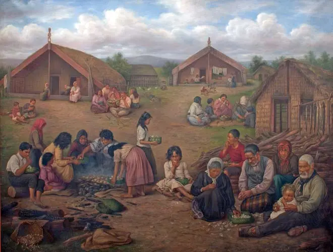 Meal time in a Māori village