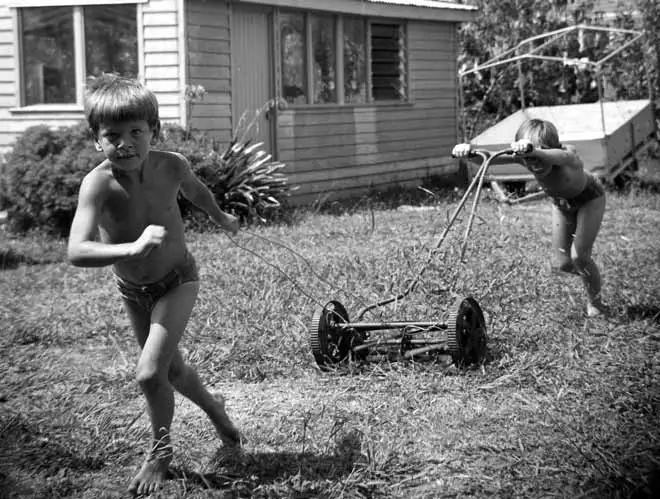 Mowing the lawn, 1970