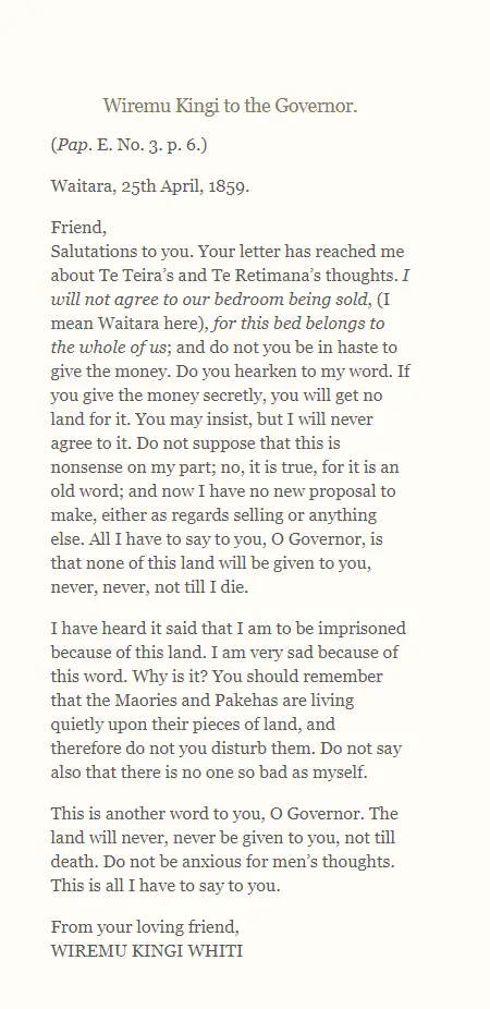 Letter from Wiremu Kīngi Te Rangitāke