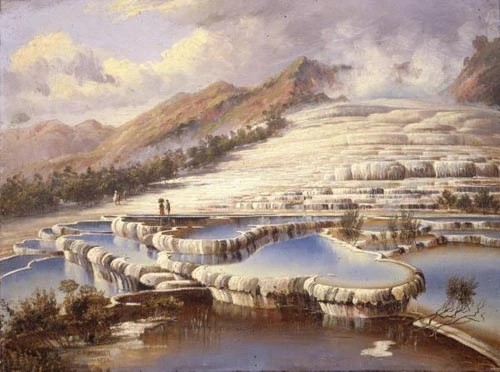 Oil painting of the White Terraces, Lake Rotomahana, by Charles Blomfield, 1888