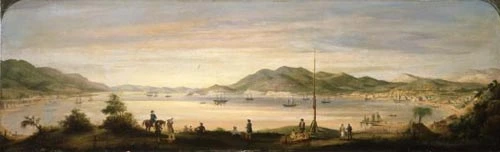 Painting of Wellington harbour and town, 1842, by William Mein Smith