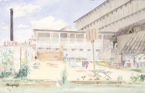 A painting of Changi Prison Camp during the Second World War by Gladys Tompkins