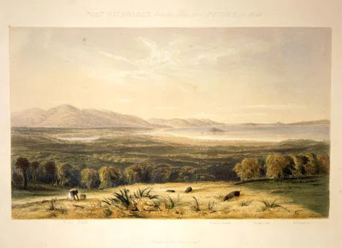 ‘Port Nicholson from the hills above Pitone in 1840’
