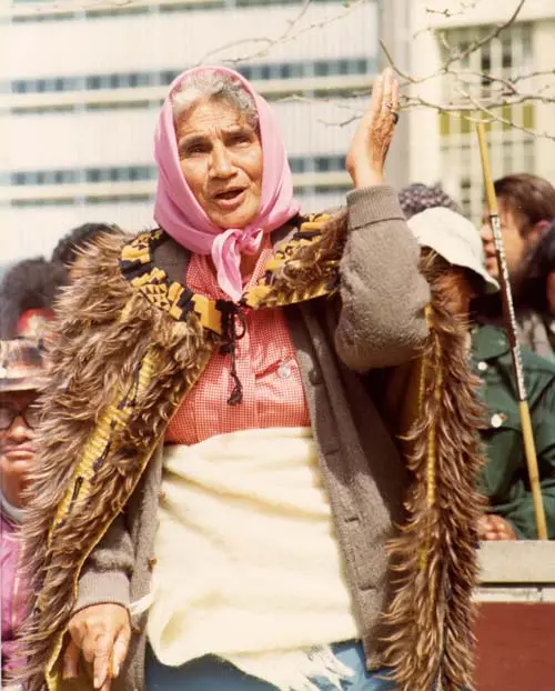 Whina Cooper addresses a crowd during the 1975 Māori land march
