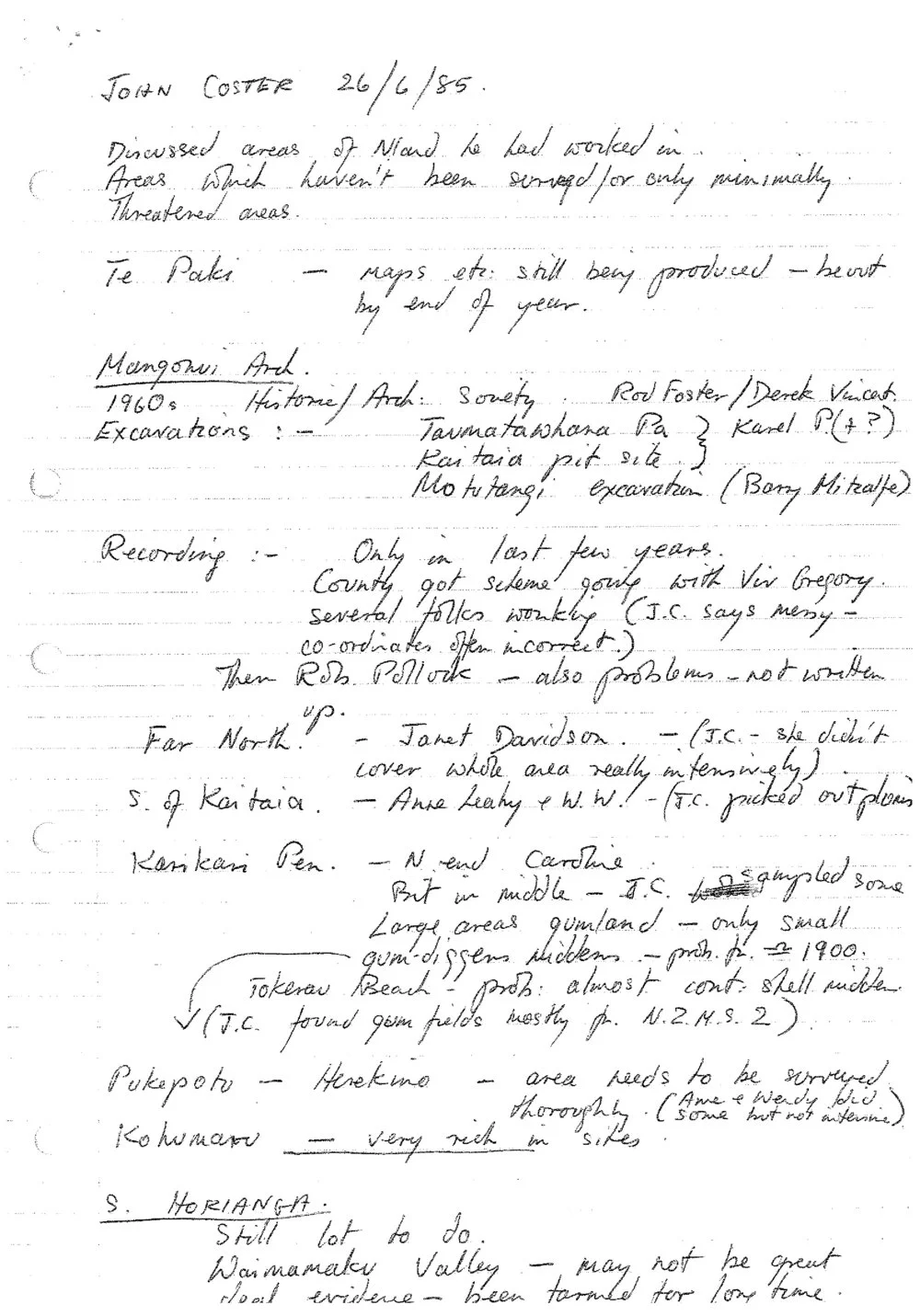 Notes Northland Areas identified by Coster that requiring Archaeological Survey