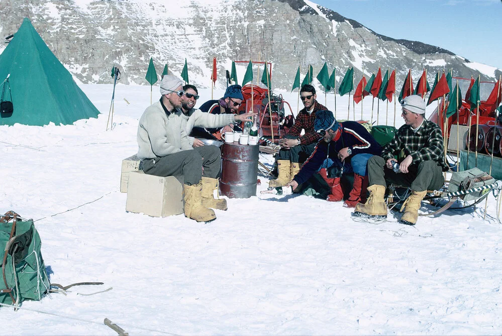 Christmas 1968 – Skelton Neve Left to right – Peter Webb, Barry Kohn, Alessio Ollier (Italian Alpine Club), Mike Gorton, Carlo Mauri (Italian Alpine Club), Barrie McKelvey