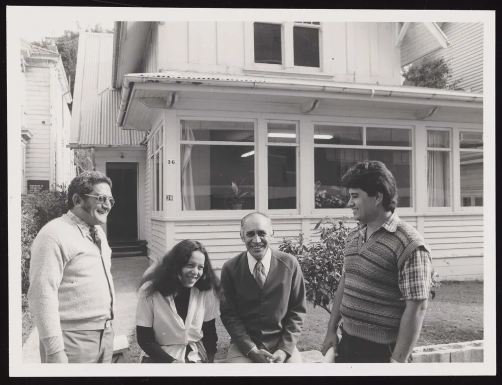 Ruka Broughton, Alison Green, Professor Sidney Mead, and Tamati Kruger in front of the new marae