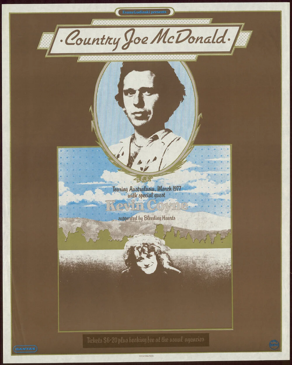Country Joe McDonald: Touring Australasia, March 1977 with special guest Kevin Coyne supported by the Bleeding Hearts.