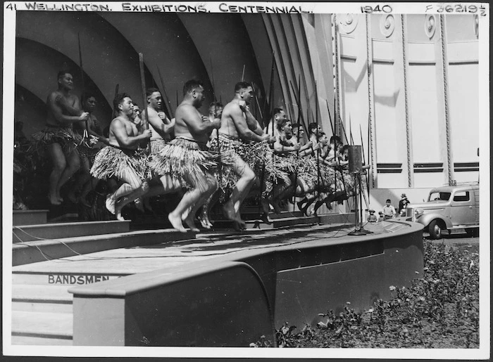Group performing a haka at the New Zealand Centennial Exhibition, Rongotai, Wellington