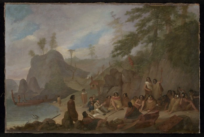Earle, Augustus, 1793-1838 :[Meeting of the artist and Hongi at the Bay of Islands, November 1827]
